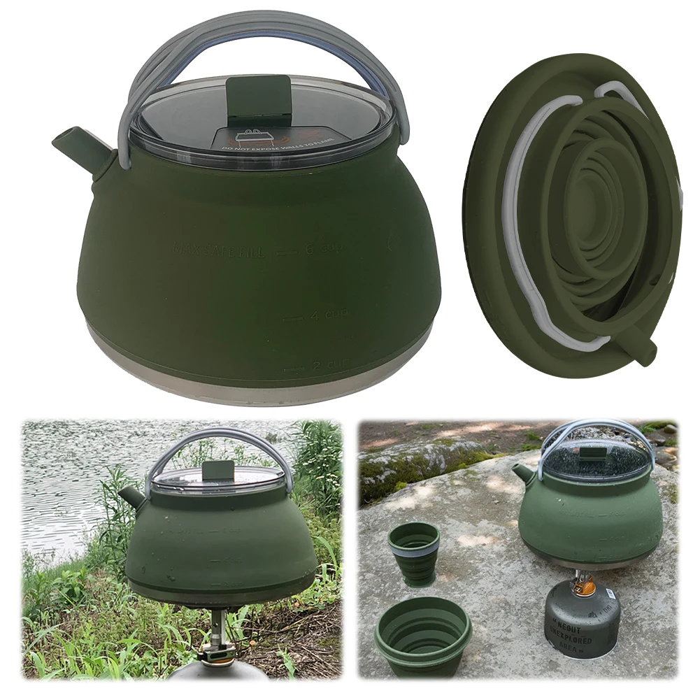 

1.5L Food Grade Silicone Kettle Outdoor Camping Foldable Kettle Portable Cookware With Stainless Steel Bottom For Travel Picnic