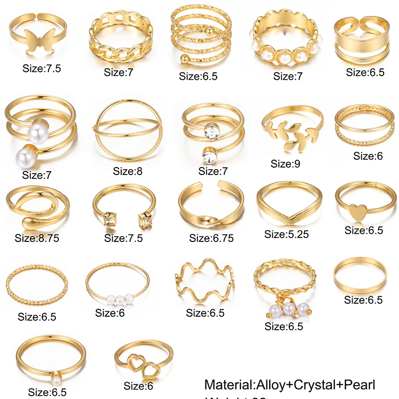 22Pcs/Set Gold Color Heart Snake Rings Set For Women Vintage Butterfly Pearl Geometric Hollow Ring Fashion Wedding Party Jewelry