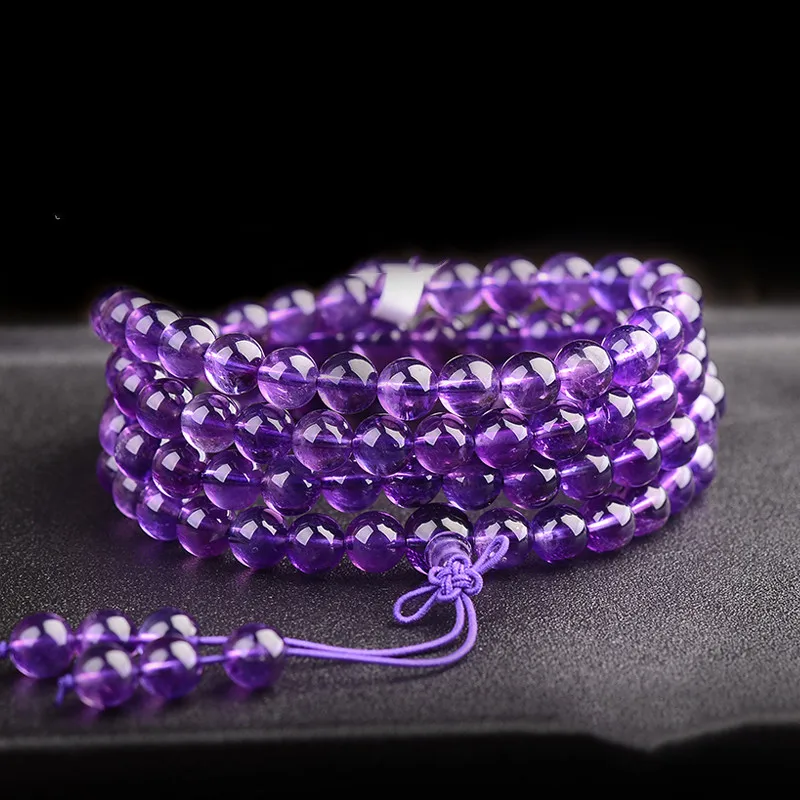 7a Grade 108 Mala Beads Natural Amethyst Bracelet 6mm 8mm 10mm Chinese Feng Shui Lucky Blessing Wisdom Healing Jewelry For Men