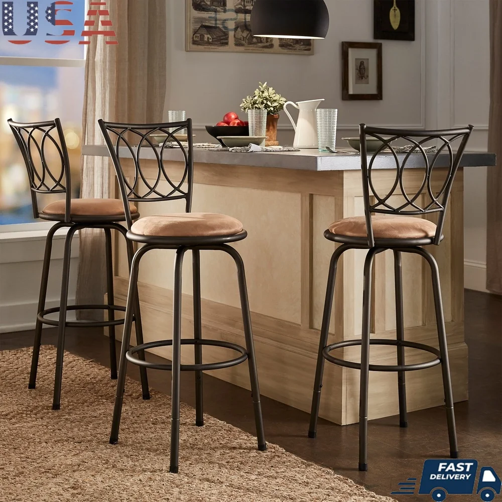 Adjustable Height Swivel Stool Set of 3 Metal Frame Cushioned Seat Kitchen Dining Bar Furniture Easy Clean