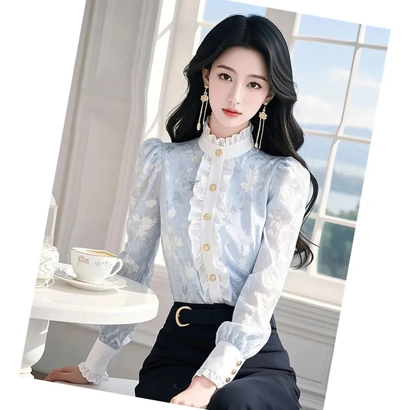 

Рубашка с длинным рукавом и воротником в виде листьев лотоса с принтом, женская весна/лето 2025, новый дизайн, красивая рубашка