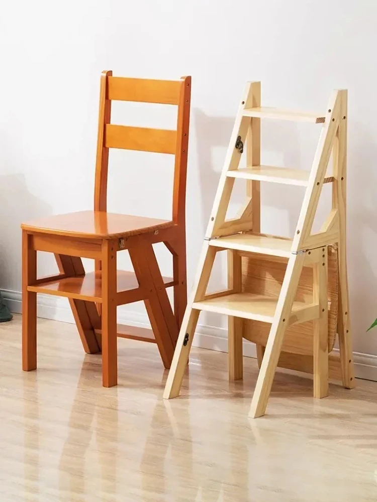 Solid Wood Step Stools 4 Step Ladder Foldable House Ladder Multifunction Home Furniture Household Ladders Home Indoor Staircase