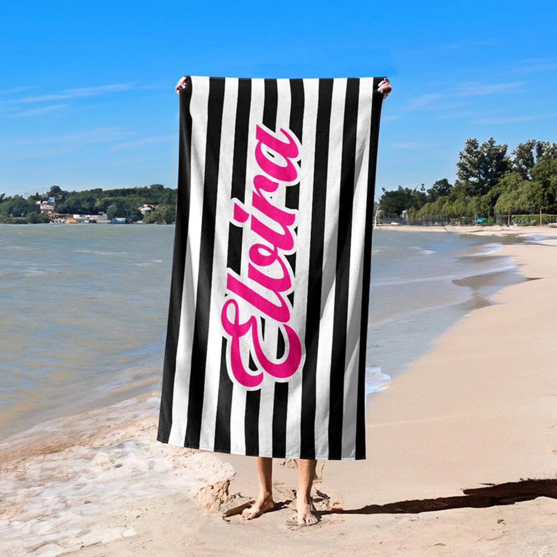 Personalized Striped Beach Towel Custom Name/Logo Oversized Microfiber Towel Summer Party Gift for Beach Swimming Bath Sports