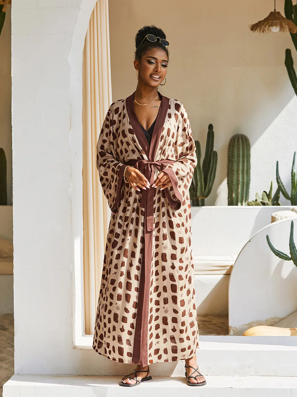 Spotted-print Kimono Beach Cape Summer Outfits for Women Rayon Bathig Suit Cover Up Tunic Pareo Boho Fashion Beachwear Robe