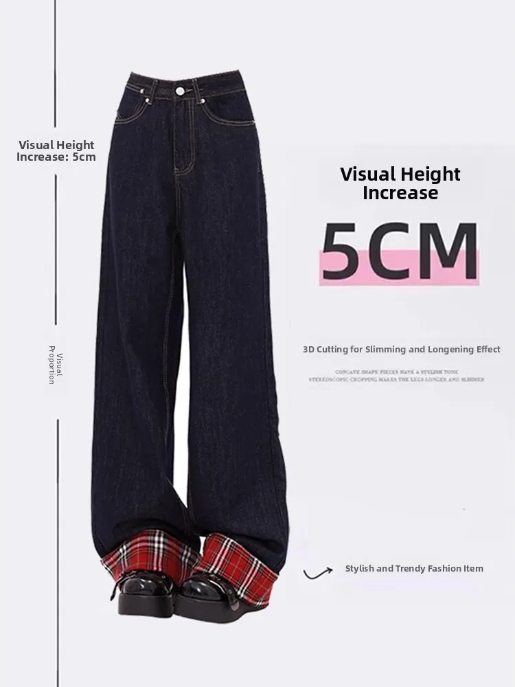 Celana Jeans Wanita Ukuran Besar Motif Kotak-kotak Amerika, Model Kaki Lebar, Longgar, Slim Fit, Lurus, Panjang, Pinggang Tinggi, Warna Gelap, untuk Musim Gugur dan Musim Dingin