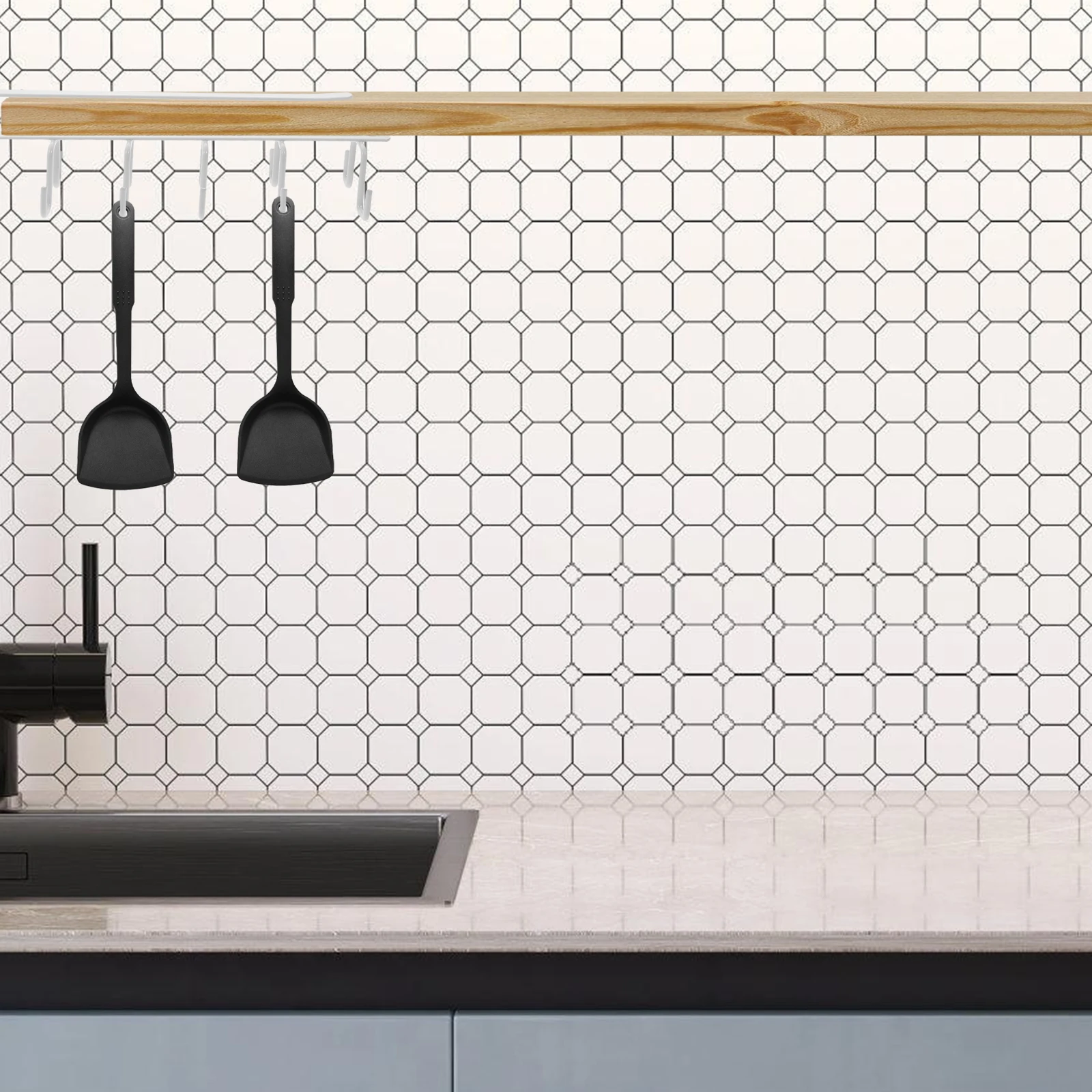 

Wall Mounted Storage Rack White Kitchen Hanger Mug Utensil Iron Material No Drilling Hook Under Cabinet Shelf Organizer