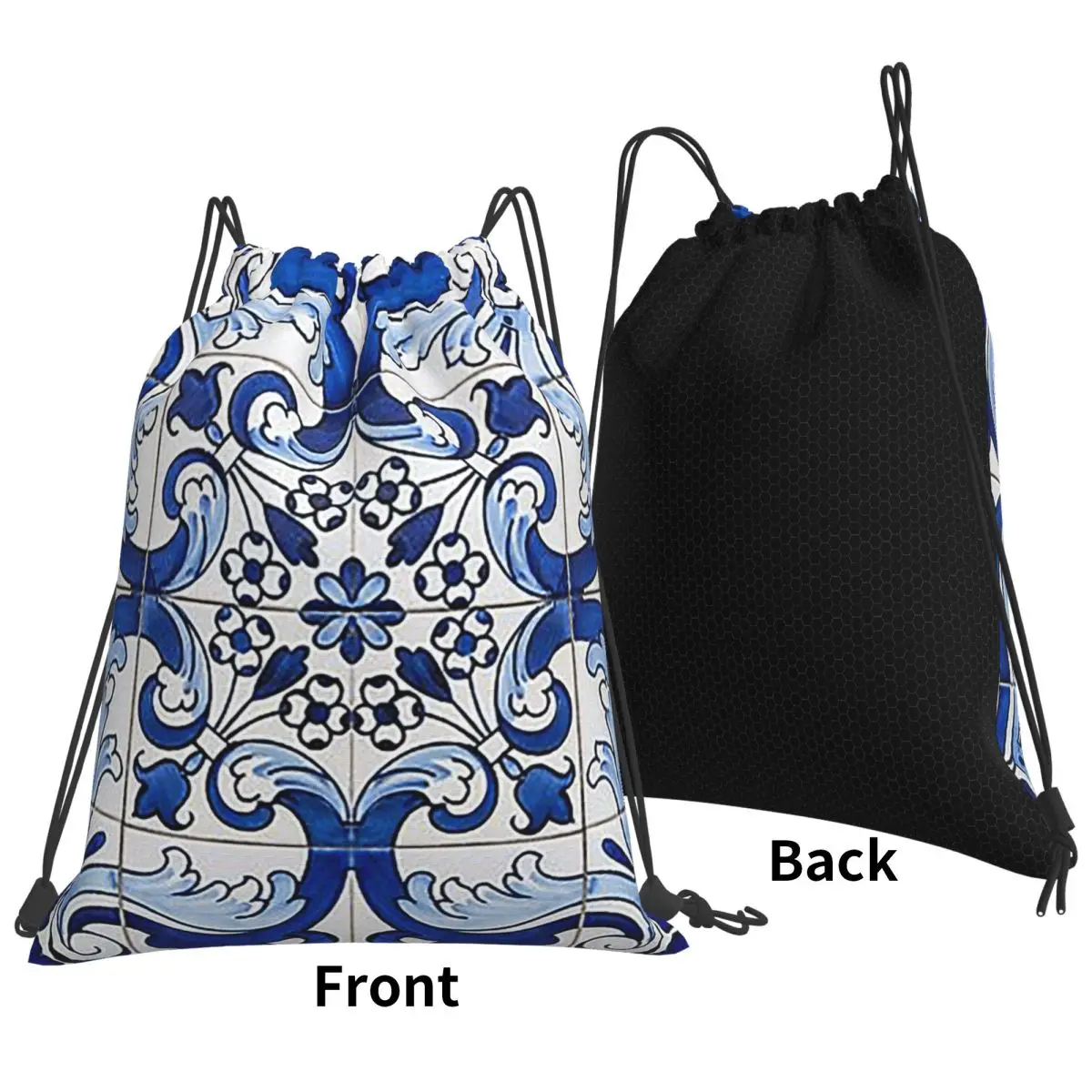 Antique Classic Lisbon Blue Azulejo Tile Floral Backpacks Multi-function Drawstring Bundle Pocket Sports Bag Book Bags