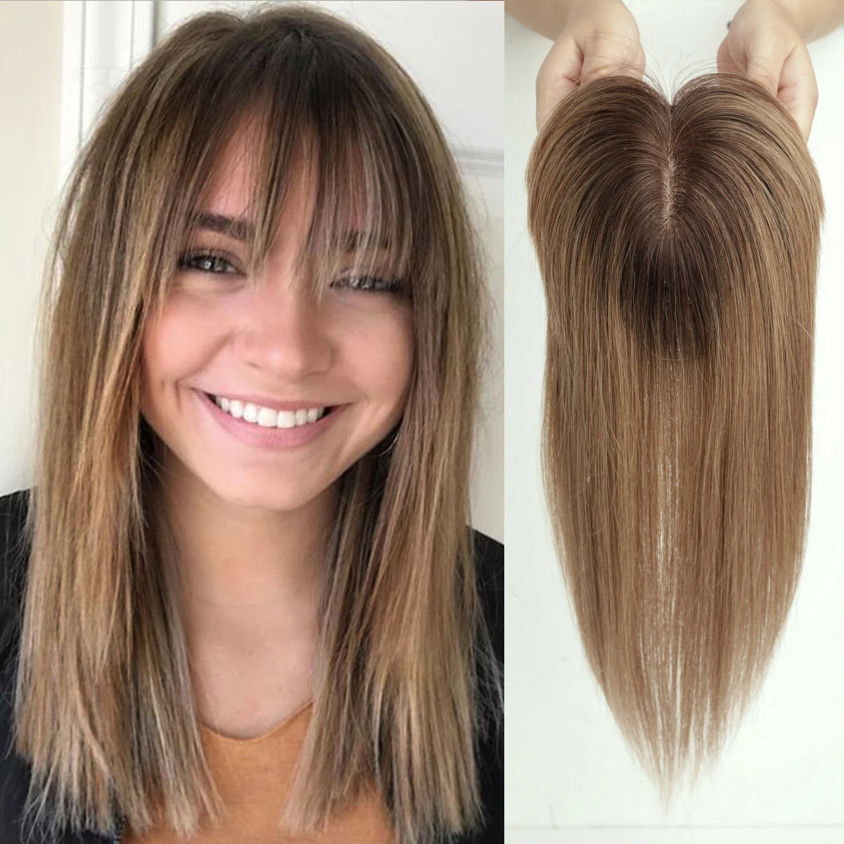 Toppers de cheveux humains raides avec frange pour femmes, extensions de cheveux Remy, pièces de base avec clip, brun clair ombré, injBase