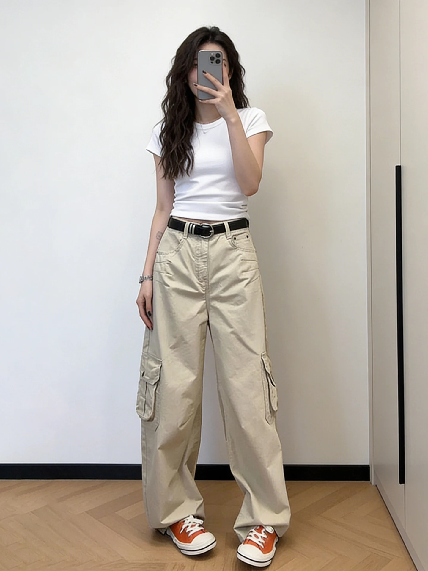 Retro Light Khaki Women's Wide Leg Pants Summer 2026 High Waist Loose Multi Pocket Versatile Straight Leg Workwear Trousers