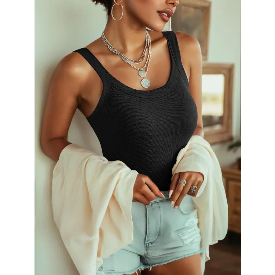여성용 나인티 탱크탑, 브라 내장형 골지 슬림핏 탱크탑, 여름 스쿱넥 캐주얼 캐미솔, 베이직 캐미
