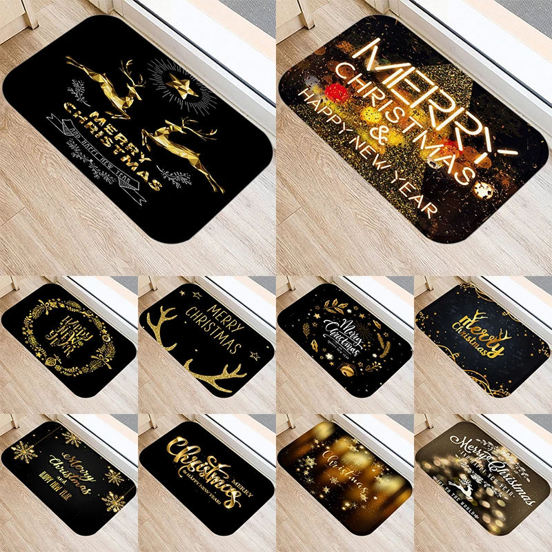 New Christmas Home Decoration Door Mat Merry  and Happy  Year Golden Black Letter Print Non-Slip Floor