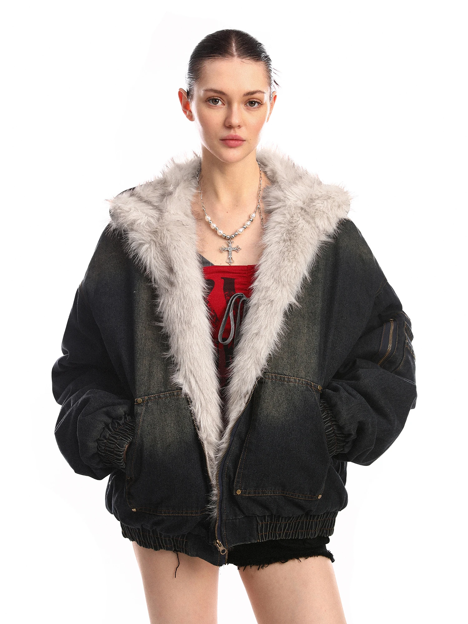 

Утепленная зимняя хлопковая куртка-пиджак женская уличная джинсовая с капюшоном и меховым воротником, китайский бренд, свободный крой, унисекс