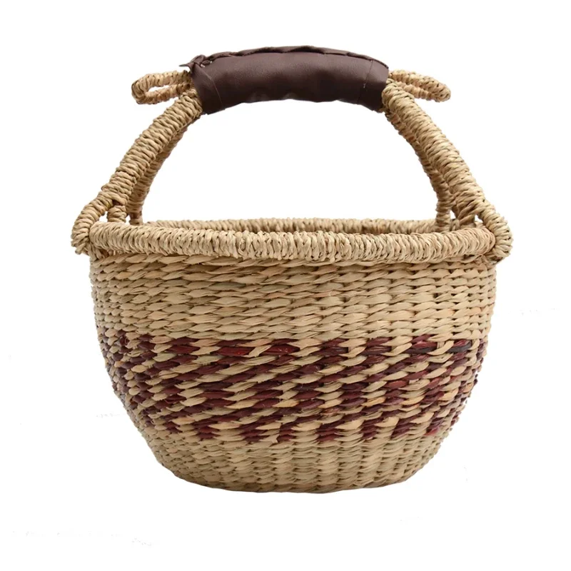 BP30 African-Inspired Handcrafted Sea Grass Wicker Basket - Storage Organizer Picnic & Grocery Basket for Outdoor Beach