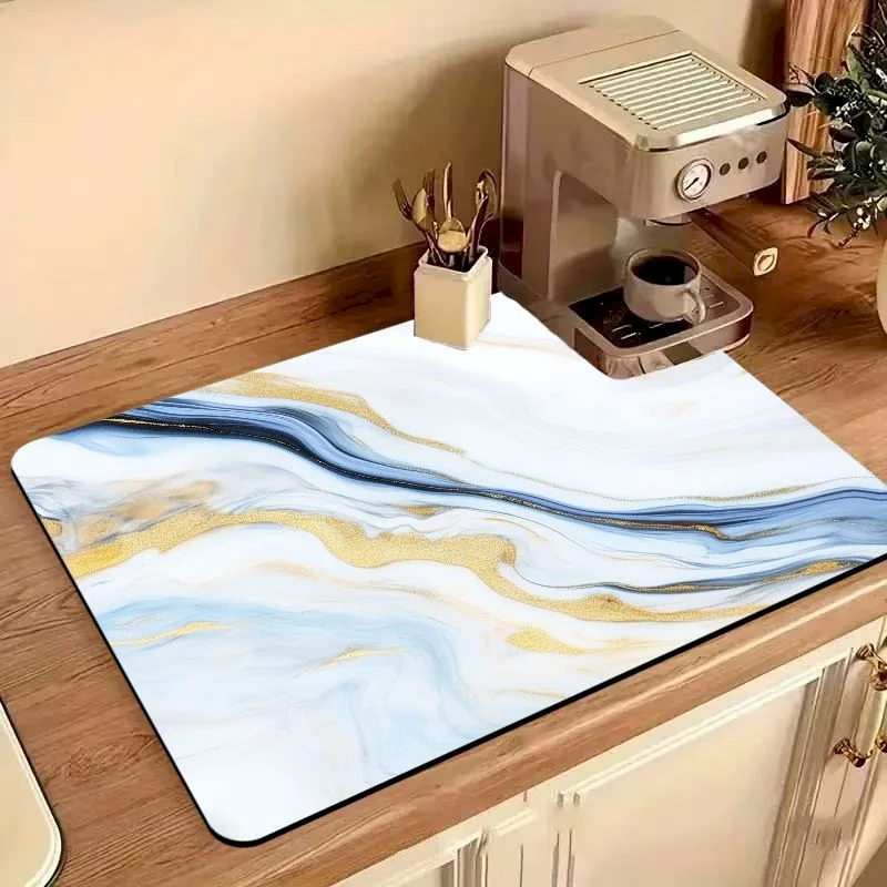 VIKAMA Gold Foil Marble Printed Dishwashing Mat, Absorbent Anti Slip Coffee Machine Countertop Mat, Home Decoration