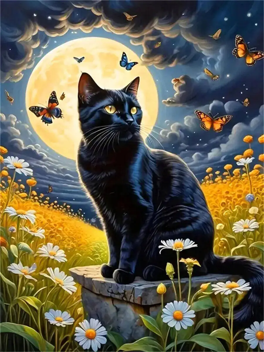 Diamant-Mosaik, schwarze Katze, Tierbild aus Strasssteinen, Blume, Diamant-Gemälde, Cartoon, DIY, Stickerei, Mond, Kunsthandwerk