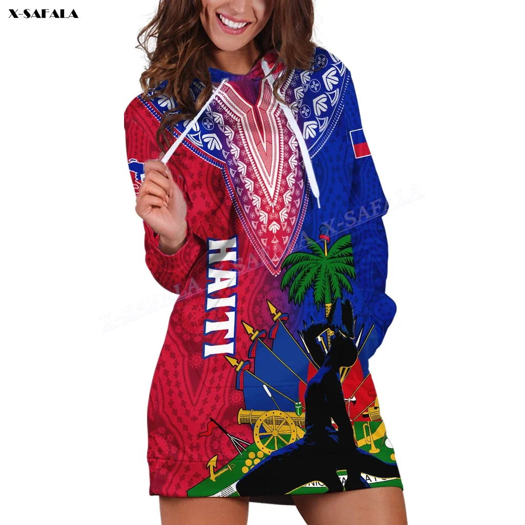 

Dashiki American Haiti Flag 3D Printed Hoodies Dress Women Casual Wear Long Sleeve Hooded Jumper Sweatshirt Breathable