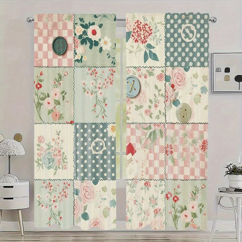 Romantic Floral Patchwork Curtains Vintage Cottagecore Style Drapes Lightweight Window Panels for Living Room Bedroom Home Decor