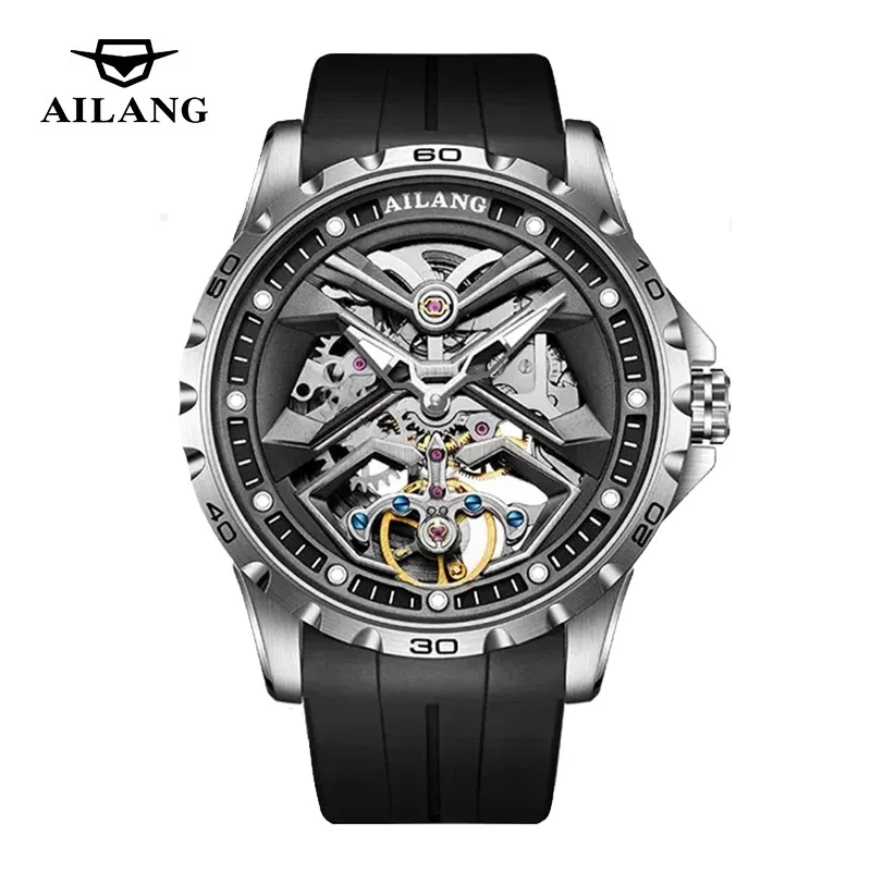 AILANG-6025 Watches for Mens Sport Silicone Strap Hollow Automatic Mechanical Brand New Fashion Skeleton Tourbillon