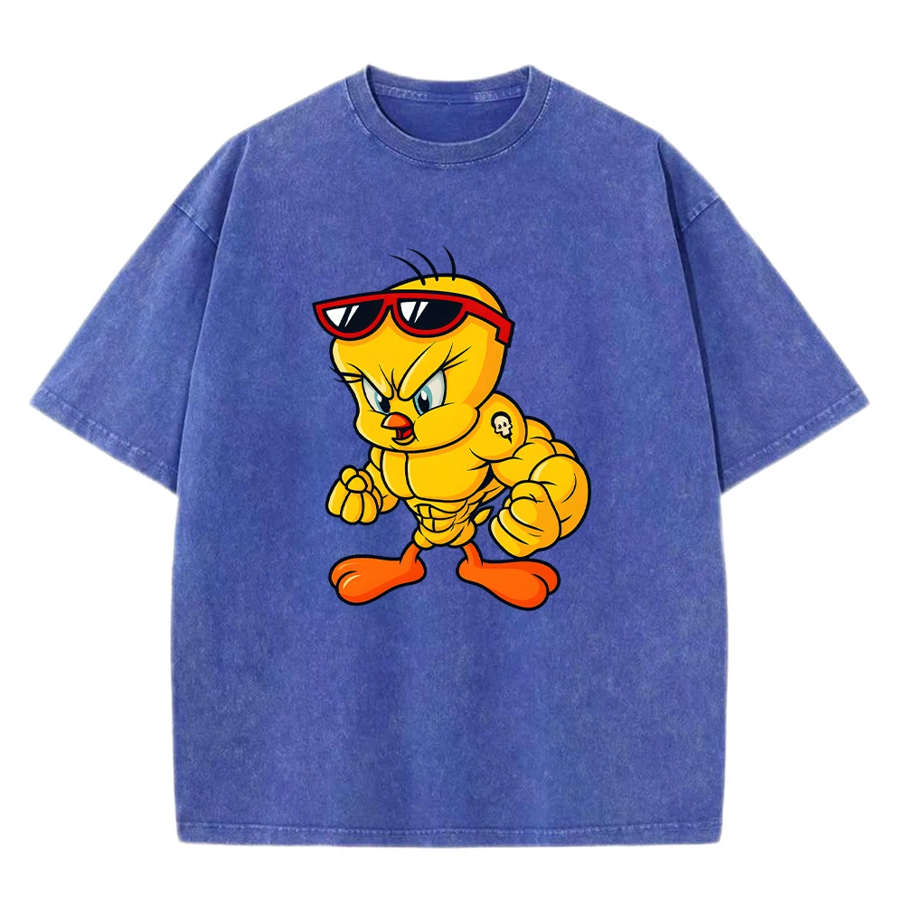 

Muscular Yellow Duck Prints Snow Wash T Shirt Man Summer Casual Top Oversized Comfotable Washed T-Shirts Cotton Short Sleeve