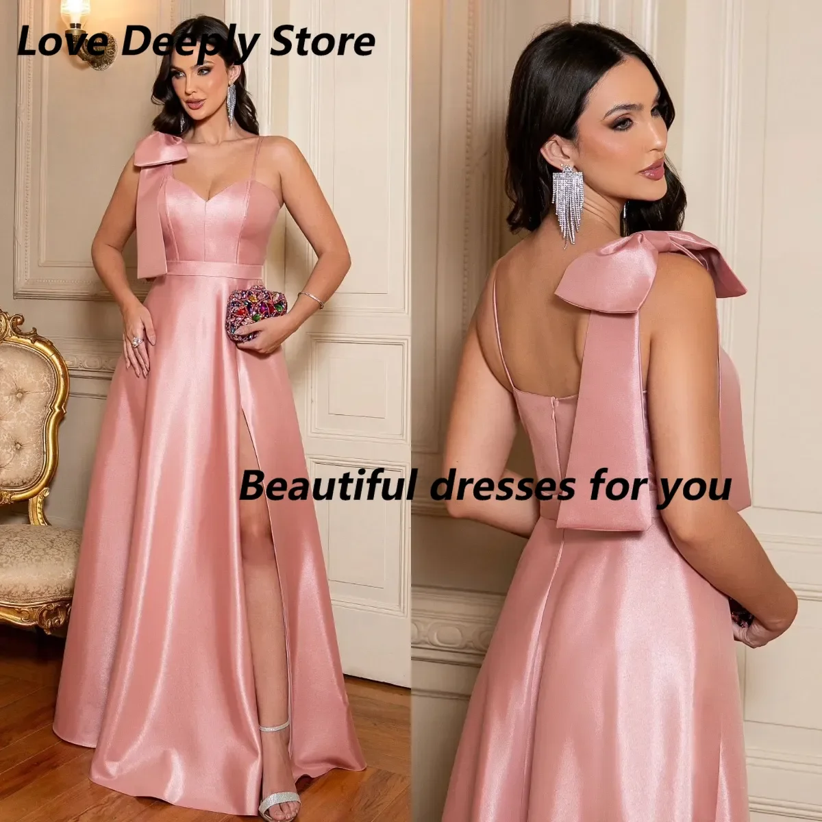 

Customized Fabulous Blush Pink Evening Dresses Elegant Sleeveless Evening Gown Bow Straps Thigh Split Formal Dresses for Women