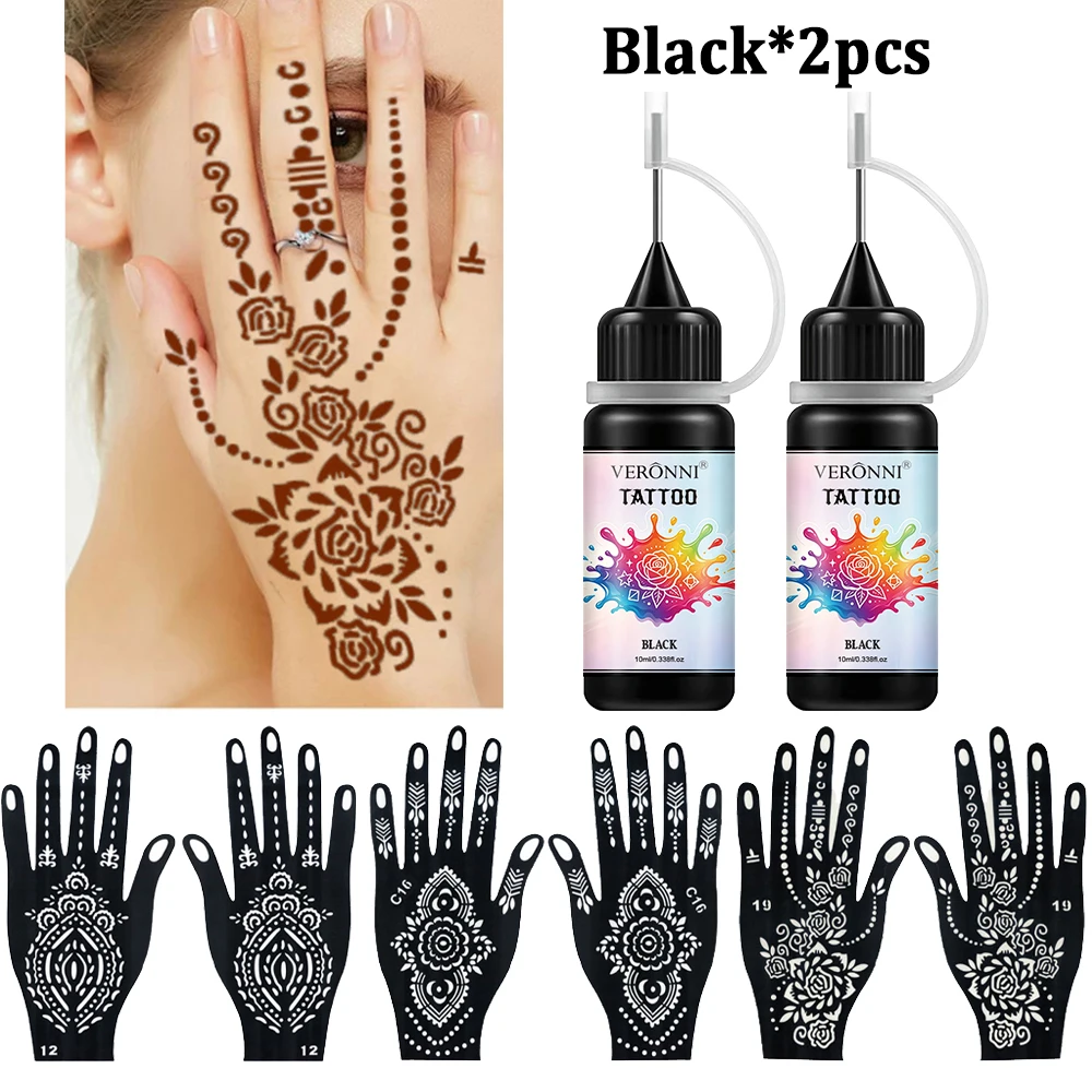 2pcs Temporary Tattoo Inks with 6 Sheets Stencils Kit,Freehand Painting Gel for Makeup Trend Party Tattoos Facial Painting Body