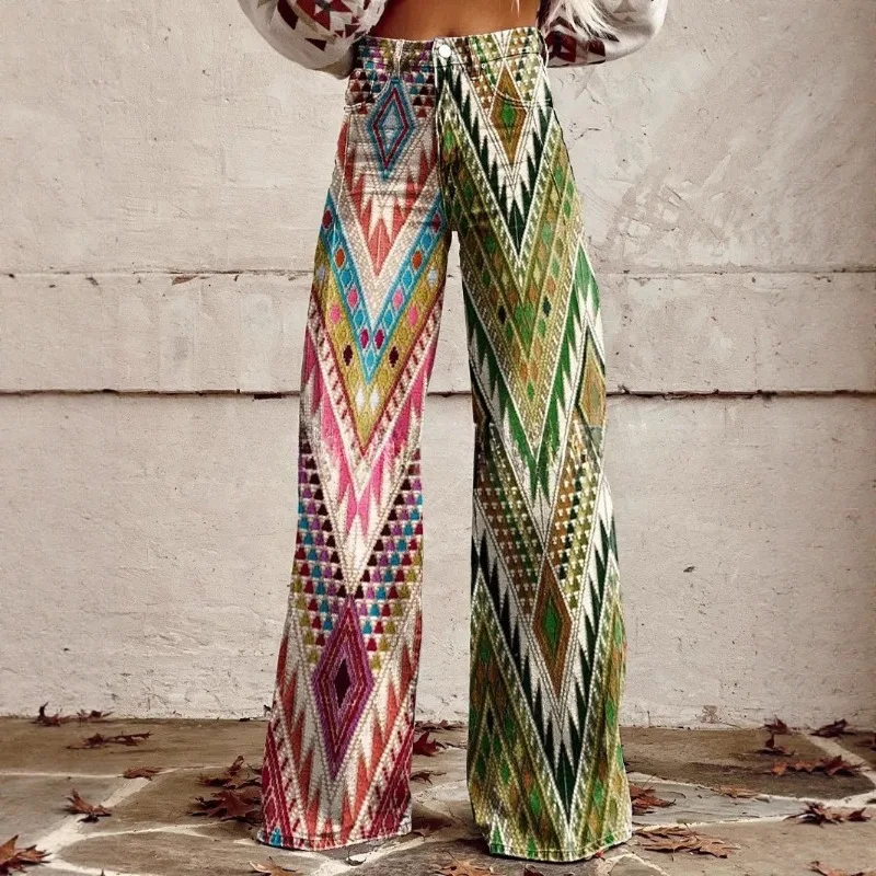 European and American Cross-border Women's Casual Pants with Printed Imitation Jeans, Wide-leg 3D Trendy and Fashionable Women