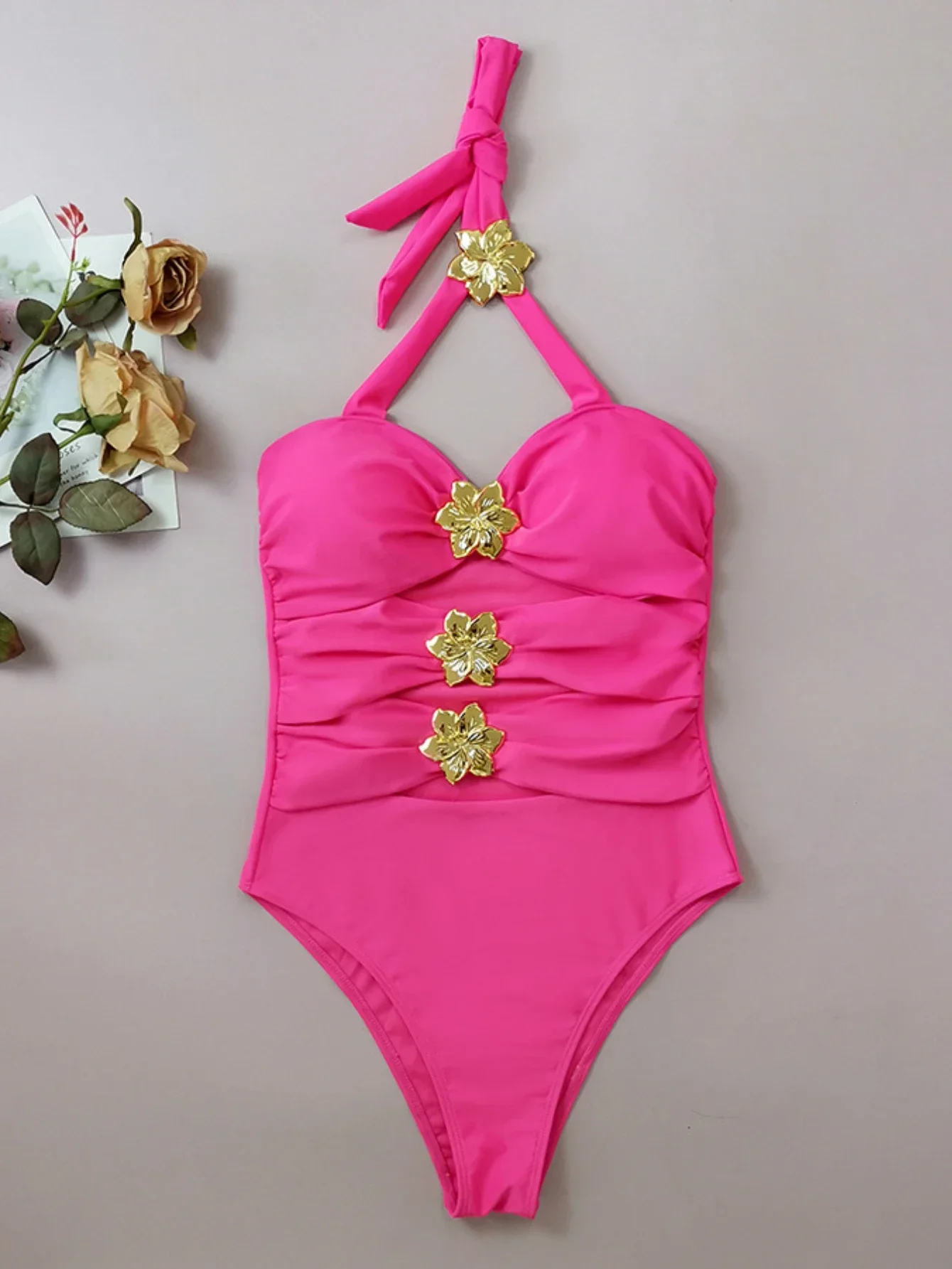 

Bikini Women's Rose Red One Piece Swimsuit Metal Floral High Waist Hollow Out Monokini Sexy Halter Backless Beach Swimwear 2025