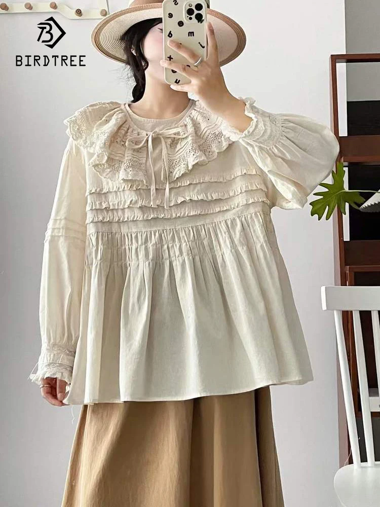 

Новая женская хлопковая рубашка с длинным рукавом Весна 2026, с круглым вырезом, оборками и кружевными вставками, свободная блузка в стиле Mori Girl Princess T62518CC