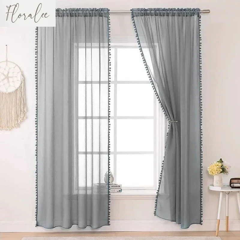 

Fashion Thick Tasseled Sheer Curtains for Bedroom Farmhouse Faux Linen Semi-Voile Transparent Bay Window Drapes Panel Custom