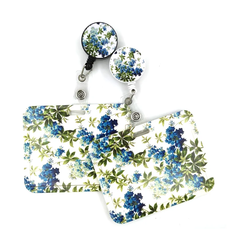 Blau Grün Blumen ID Versenkbare Abzeichen Halter Reel ID Badge Halter Clip Key Ring für Name Karte Schlüsselbund Krankenschwester Arbeit dekoration