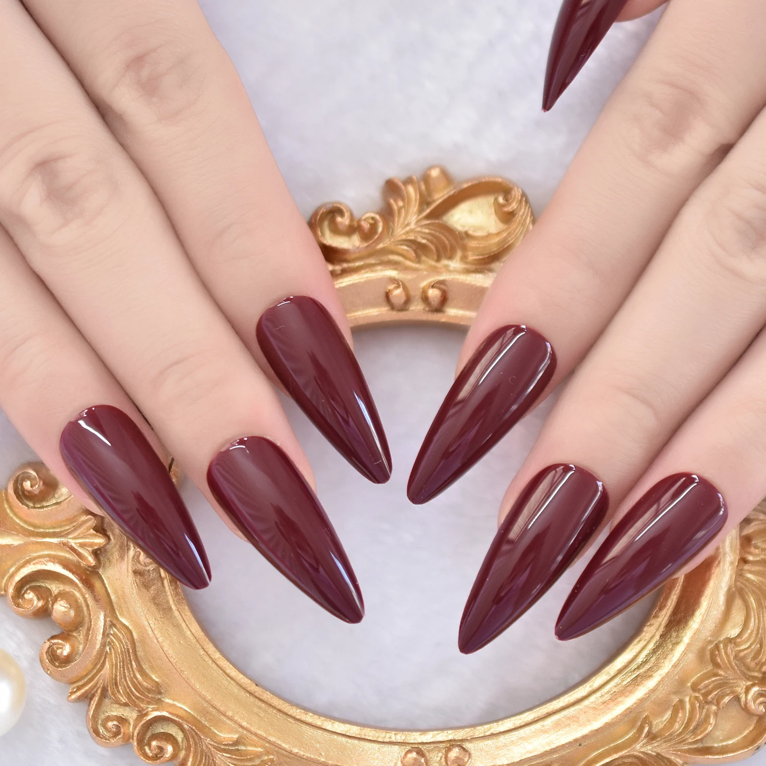 Maroon Red Gel Fantasy False Nails Almond Pointed Dark Sexy False Nails Medium Long Size Stiletto Tips with Glue Sticker