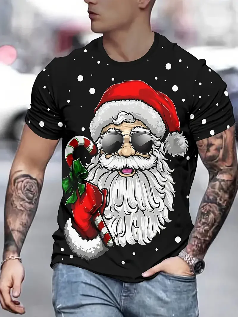 Men's Fun Santa Claus 3D Printing Autumn/Winter Men's Christmas T-shirt Fashion Short Sleeve Top Casual Plus Size Men's Clothing