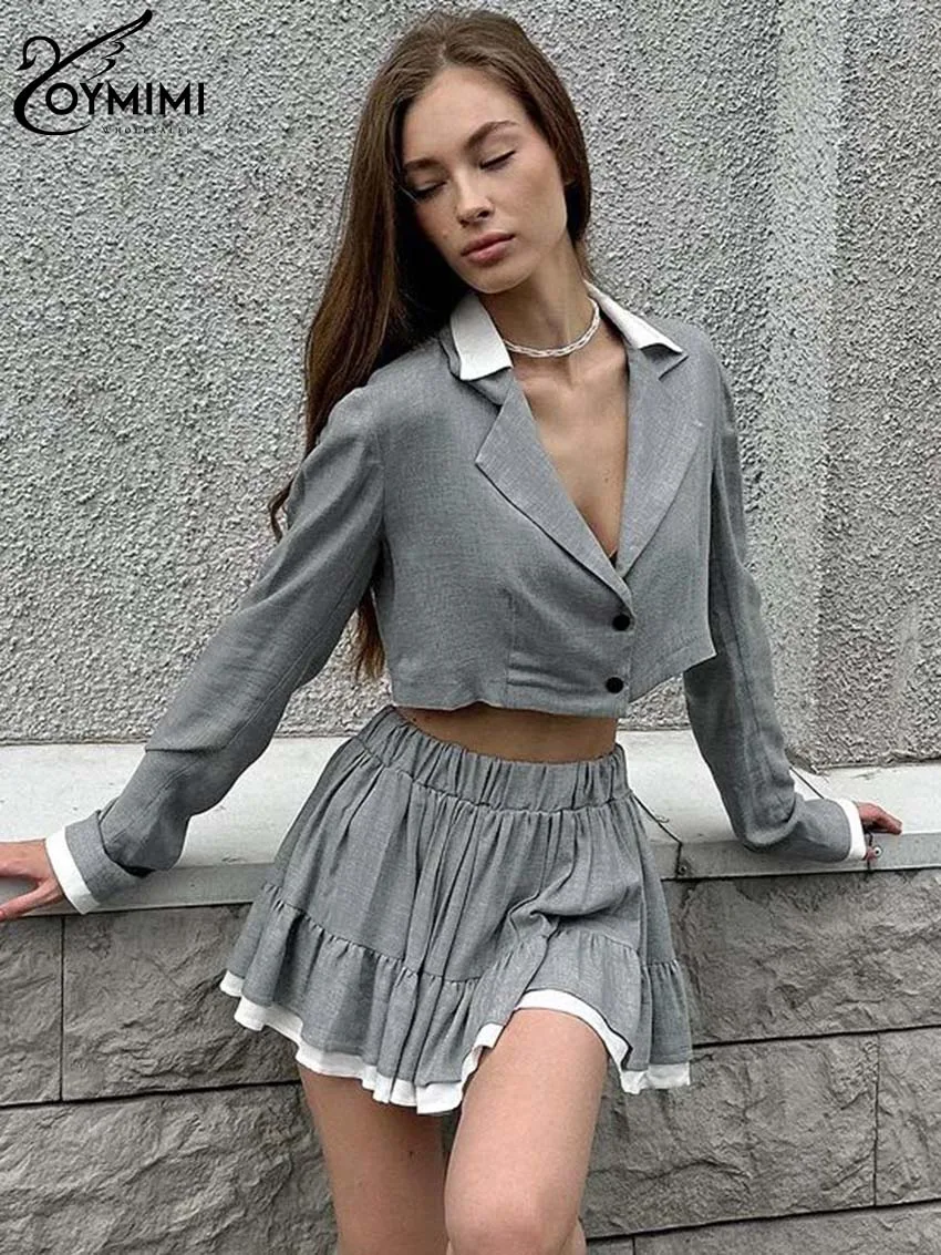 Oymimi Fashion Grey Patchwork Sets Womens 2 Piece Elegant Long Sleeve Button Crop Shirts And High Waist Pleated Mini Skirts Sets