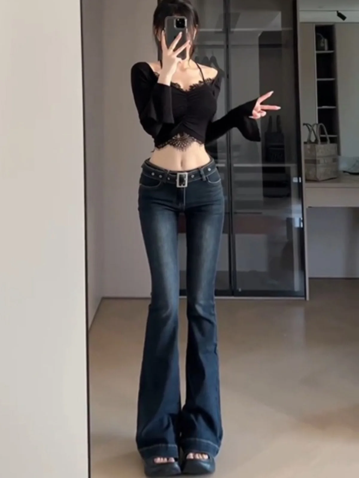 Deep Blue Low Waist Slim Fit Micro Flared Denim Jeans Women's Autumn Winter Long Tall Slimming Floor Length Pants