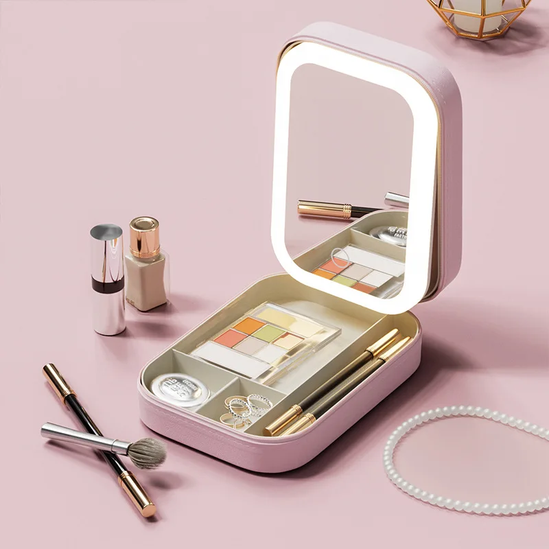 Tragbare Handgepäckbox für den Schreibtisch, Organisation von Hautpflegeprodukten, Lichtspiegel, integrierter Make-up-Organizer, Kosmetikaufbewahrung, Badezimmer