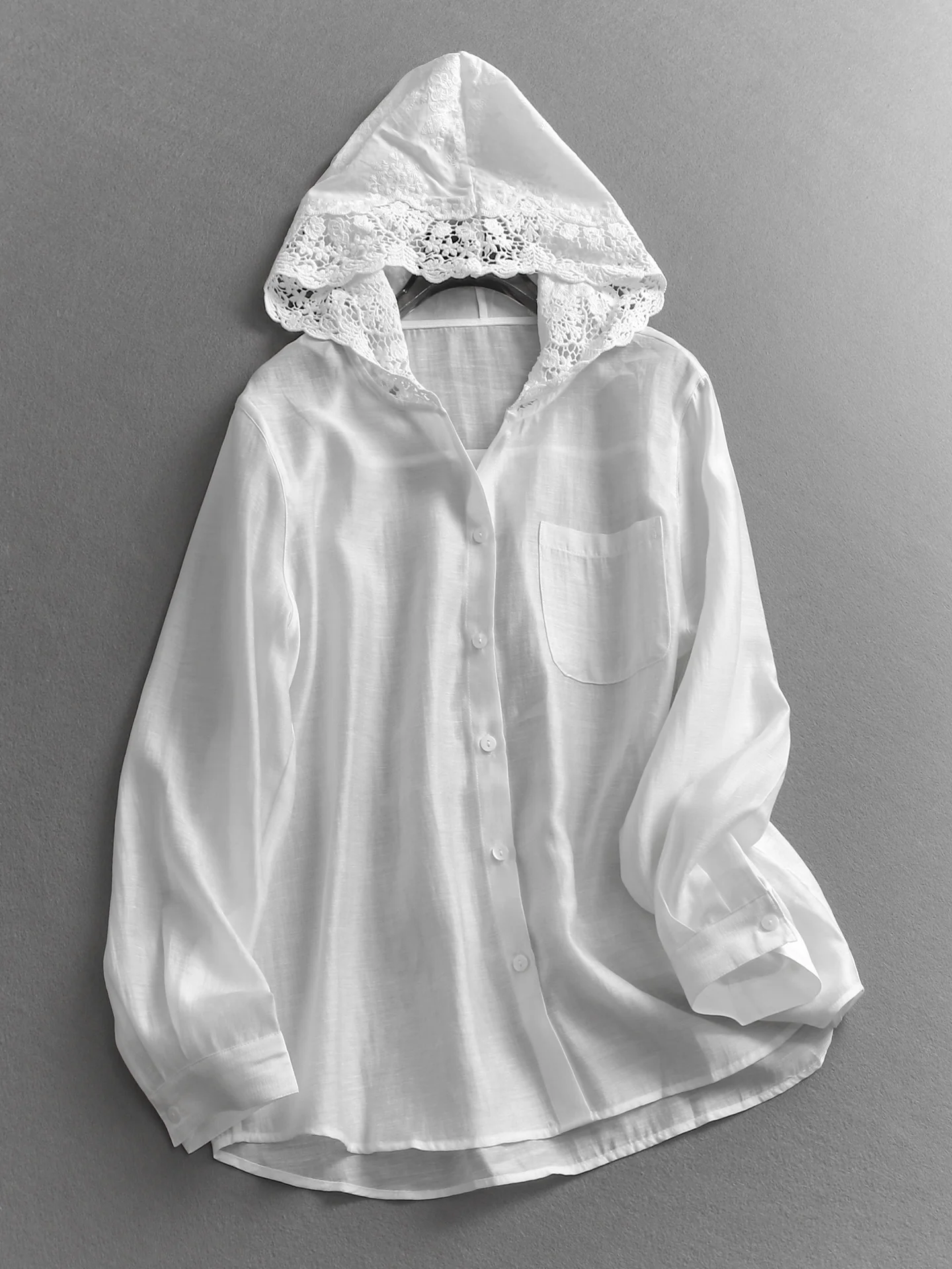 

Lace Splice Lightweight Breathable Reticule Mixed Fabric Sunscreen Hat Coat Air Conditioning Outerwear Women's Shirt R109