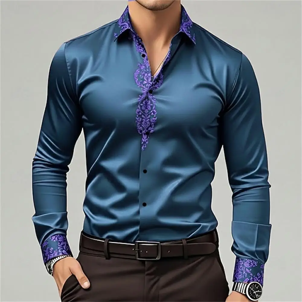 Camisa de manga larga a la moda para hombre, camisa informal con estampado 3D y botón de solapa, camiseta cómoda de manga larga