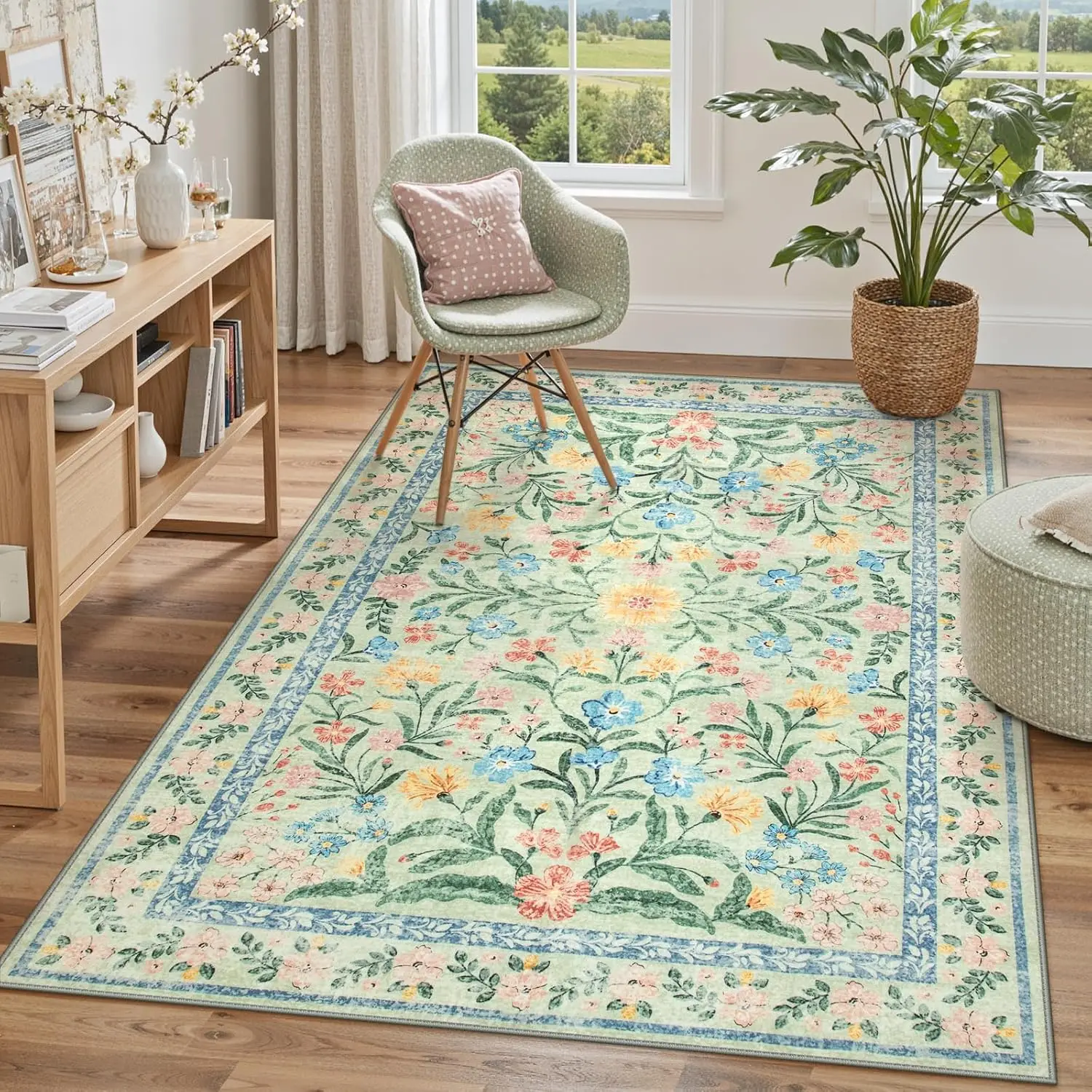 

Green Machine Washable Rug Boho Area Rugs for Living Room Non-Slip Vintage Floral Soft Indoor Carpet for Bedroom Home Decoration