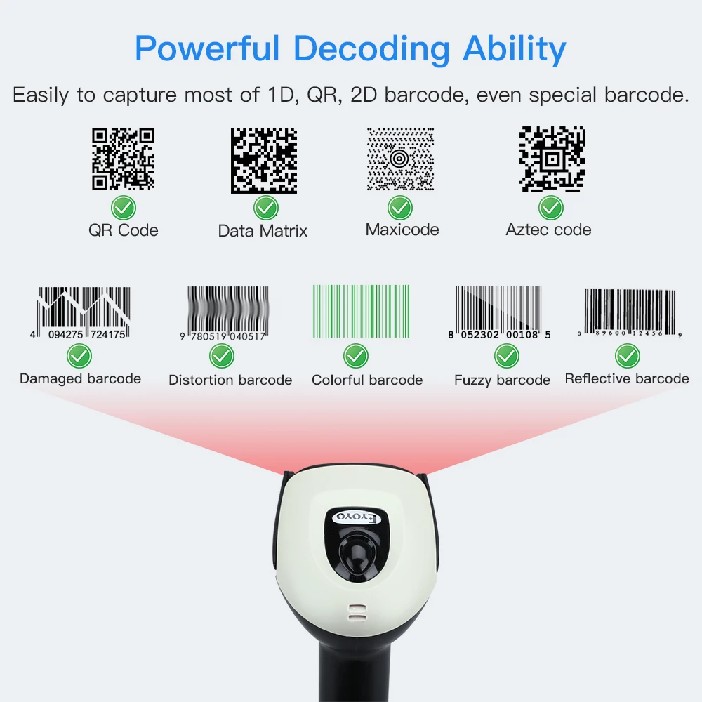 Eyoyo EY-011 무선 2.4G USB 블루투스 휴대용 바코드 스캐너, 조정 가능한 스탠드 포함, 자동 감지 스크린 스캐닝, QR 이미지, 2D
