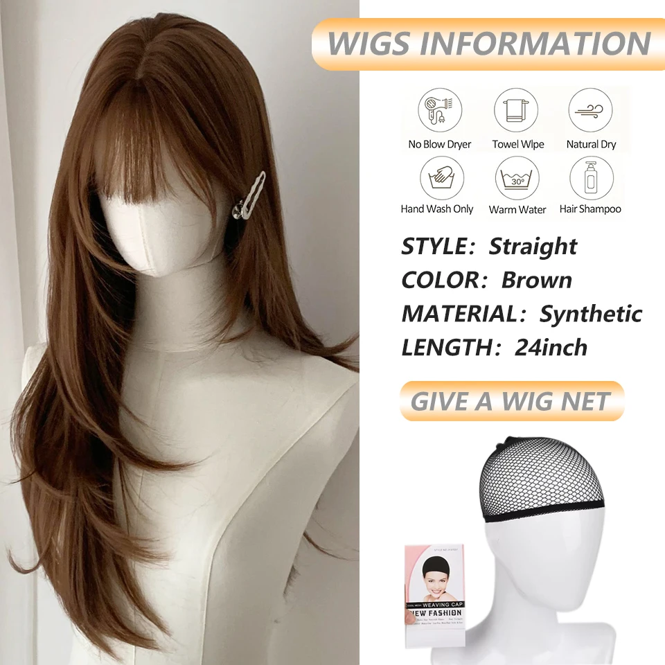 Long Straight Synthetic Wig Layered Straight Wigs Brown Heat-Resistant Natural Hair Stylish Party Bangs Wigs For Women