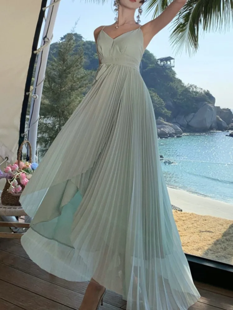 

Women Elegant V-Neck Solid Evening Dress Fashion Pleated A-Line Backless Long Party Dress Korean Asymmetrical Vestidos Mujer