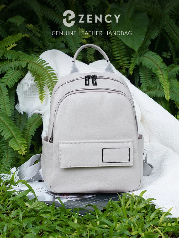 Zency Soft Casual Women's 100% Cowhide Leather Backpack Large Capacity Pockets Satchels for Commuter Light Grey Blue Brown Bag