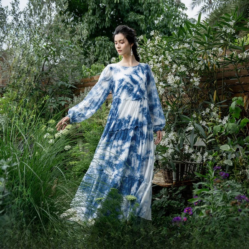 

Женское летнее платье из хлопка, окрашенного растительными красителями, с кружевным подолом, свободного кроя, А-силуэт, средняя талия, рукава-фонарики