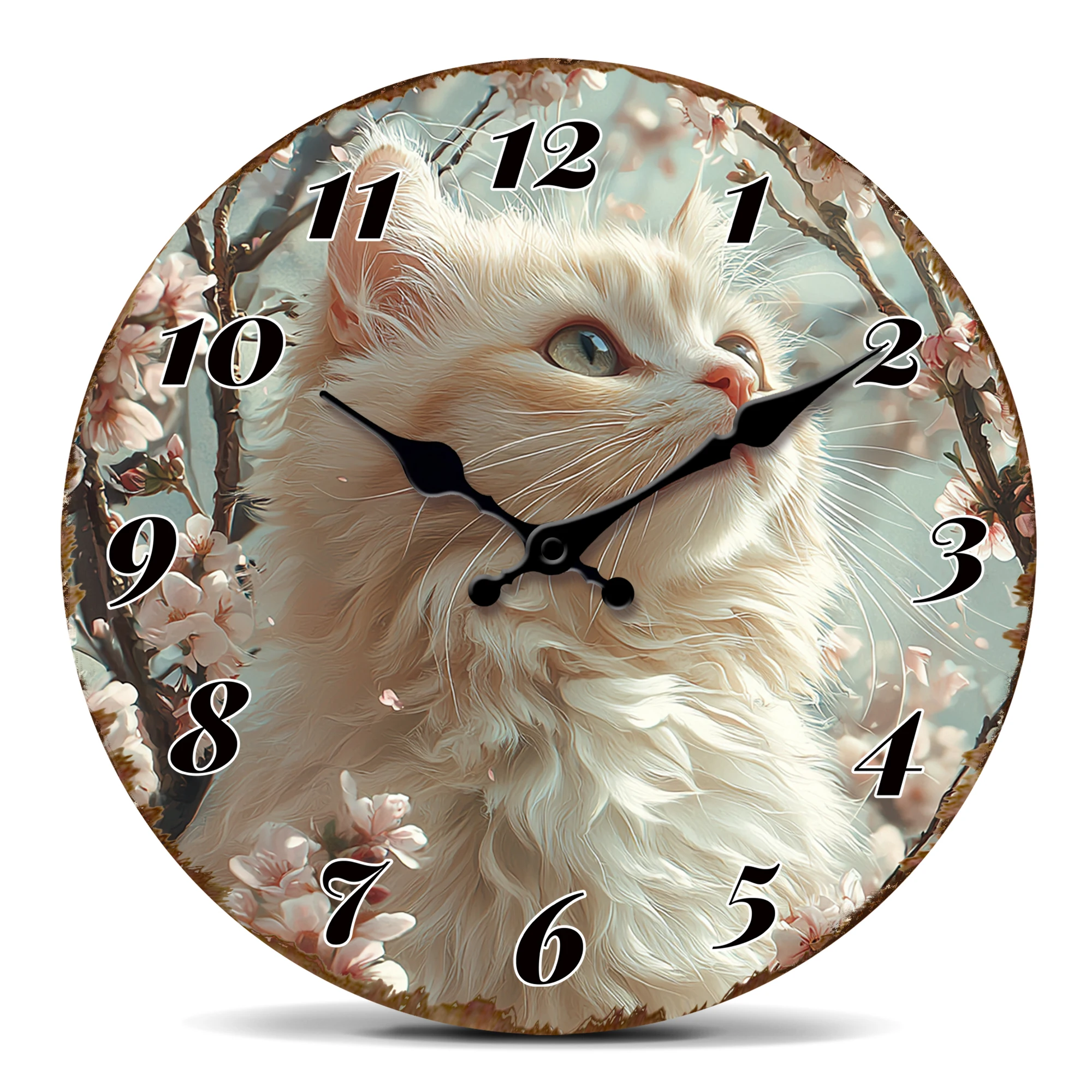 Fluffy White Cat Wall Clock: Cherry Blossom Background, Vintage Style Decorative Clock for Cat Lovers, Home Wall Art Gift