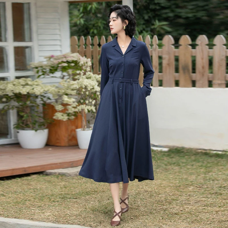 

Новинка 2026 года: Синее трехцветное платье-блейзер из льняной смеси – приталенное мини-платье весна/осень с отложным воротником, модное и универсальное