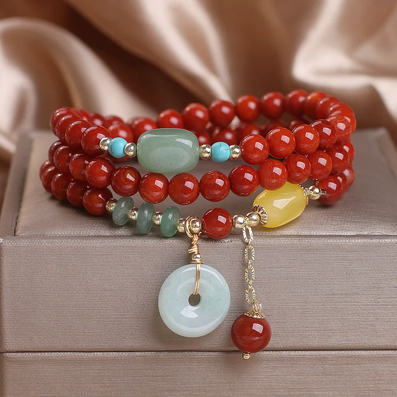 

Lucky Fortune Multi layer South Red Agate Peace Buckle Pendant Bracelet for Women Gifts