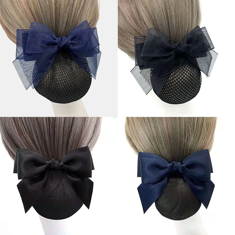 Women Hair Net Hairpins Bow Hair Bun Cover Snood Net Barrettes Flight Attendant Ribbon Hair Clip Bowknot Hair Accessories