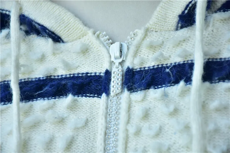 1.3KG Women Oversized Mohair Blend Hooded Zip-Up Cardigan Blue White Striped Fluffy Knit Coat Fuzzy Knit Hoodie Sweater Jacket view 5