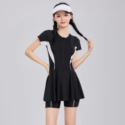 Girls Swimwear Swimdress 1 Piece Short Sleeve Big Middle Girl Swimsuit Pool Teenager Tankinis Set Beachwear Swim Skirt