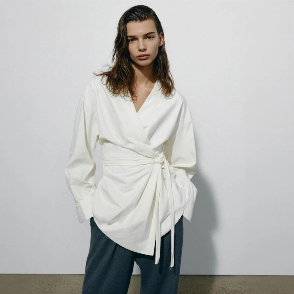 レディース 長袖 Vネック シャツ 秋冬 ファッション ビジネス カジュアル ルーズフィット フリル 無地